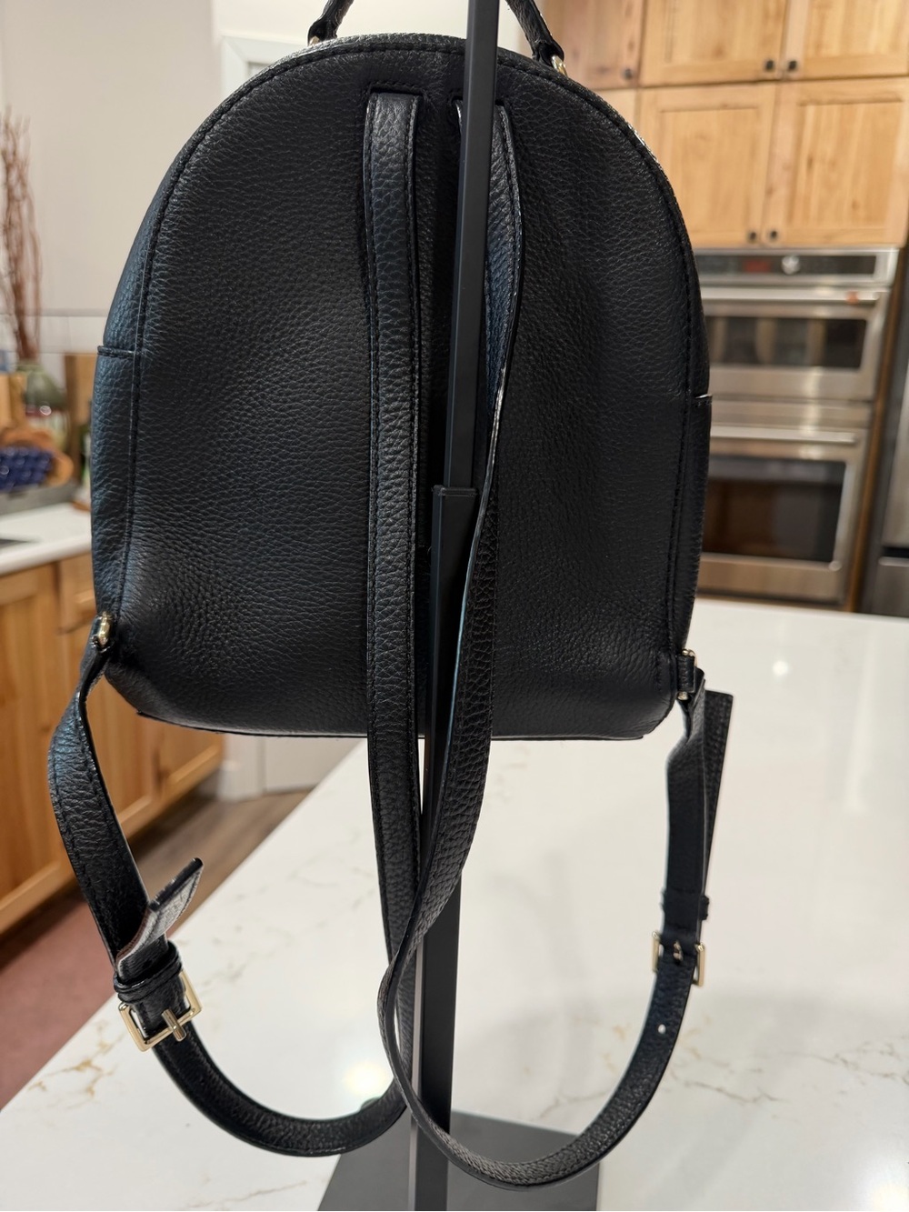 Kate Spade Black Pebbled Leather Backpack with Gold Hardware Striped Interior - Picture 3 of 9